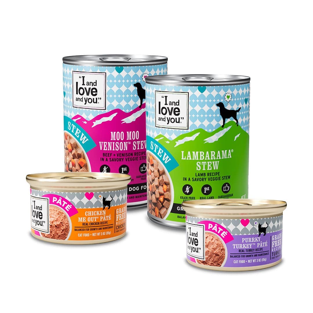 I and love and you canned dog stews and cat pâtés in colorful packaging