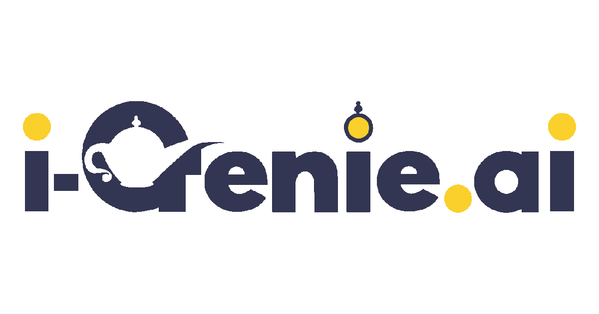 i-Genie.ai logo - a navy and yellow wordmark with a genie lamp
