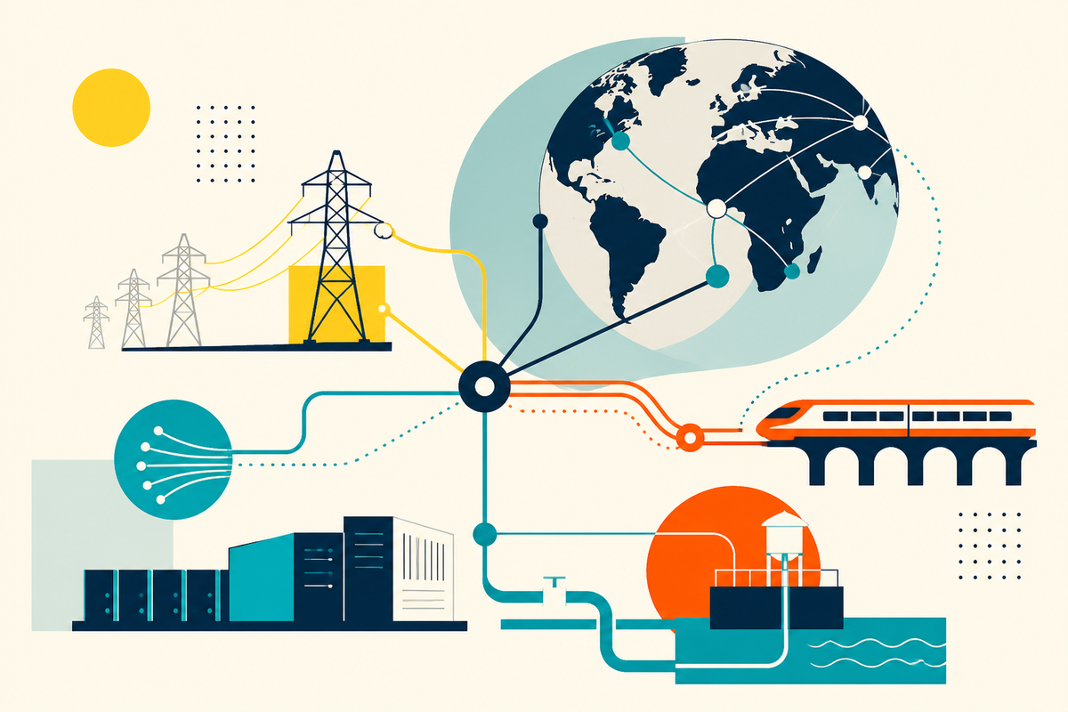 Swiss-style illustration connecting a power grid, fiber network, data center, railway and water infrastructure around a global network