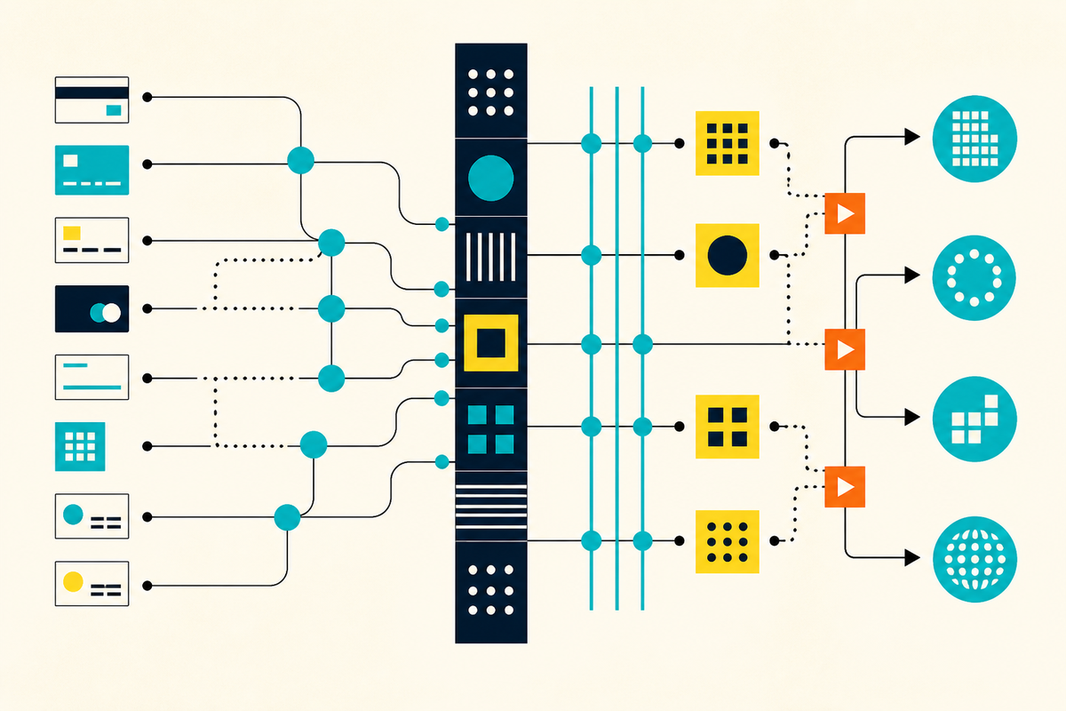 Abstract geometric payment streams entering a single platform and leaving through multiple rails