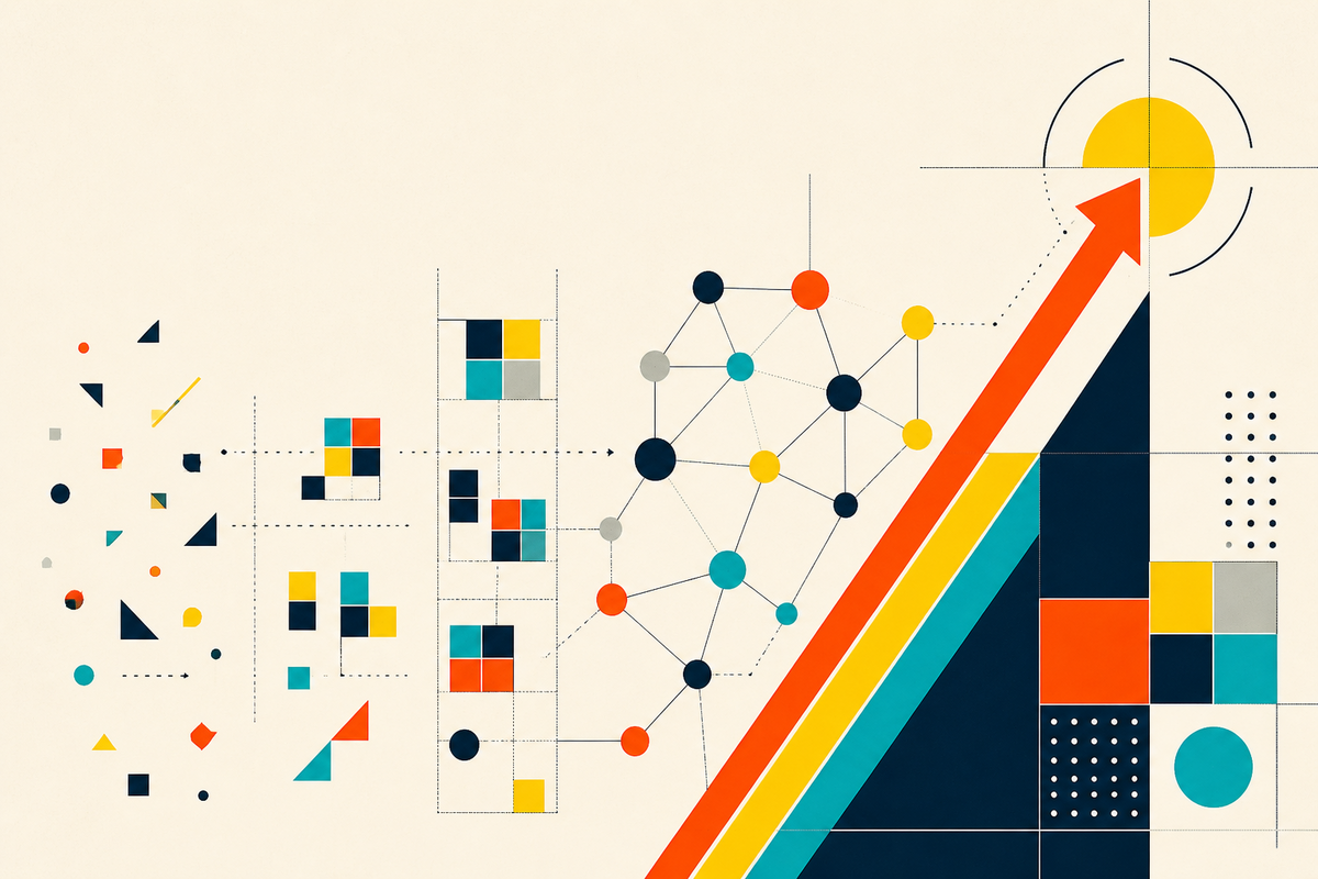 Abstract geometric progression from scattered ideas to a structured network and upward path