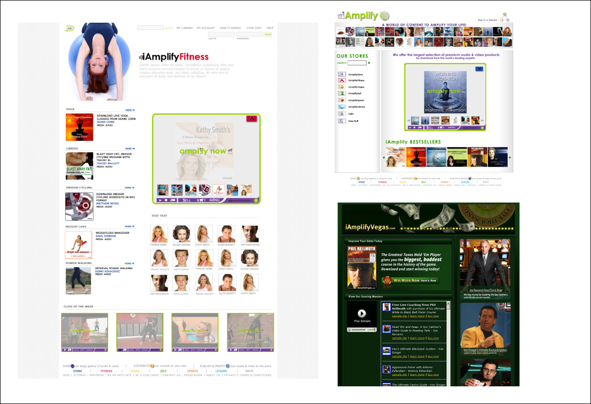Historical design mockups for iAmplify Fitness, its main marketplace and iAmplify Vegas