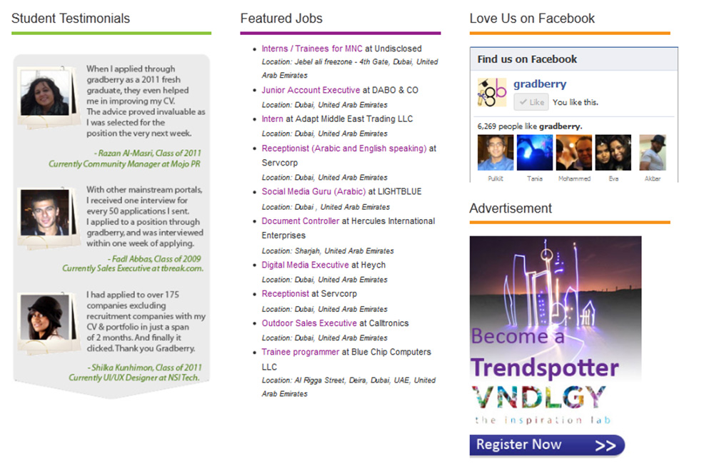 Archival Gradberry web page showing student testimonials, featured jobs and its Facebook community