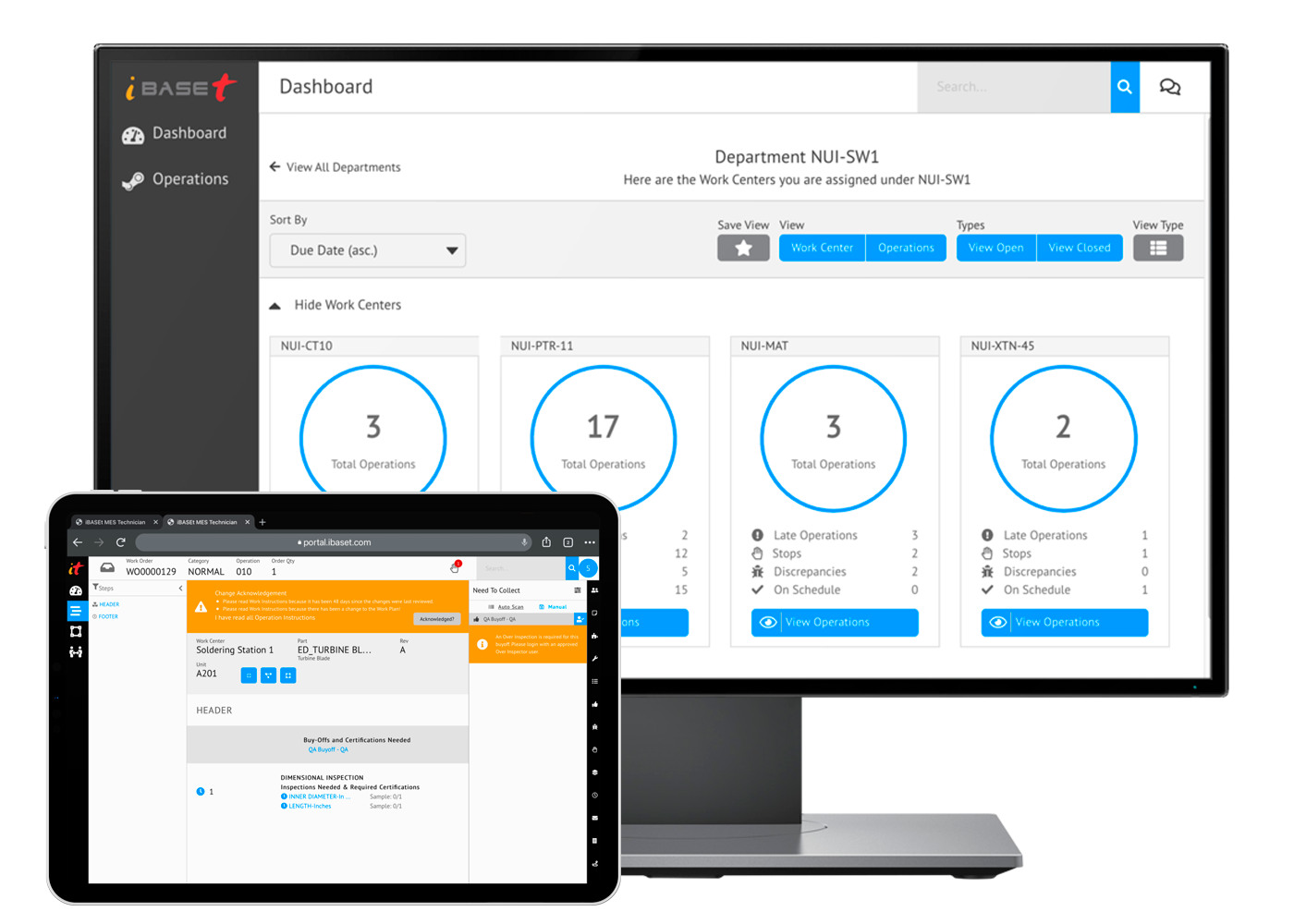 Solumina manufacturing dashboard shown on a desktop monitor and detailed work instruction shown on a tablet