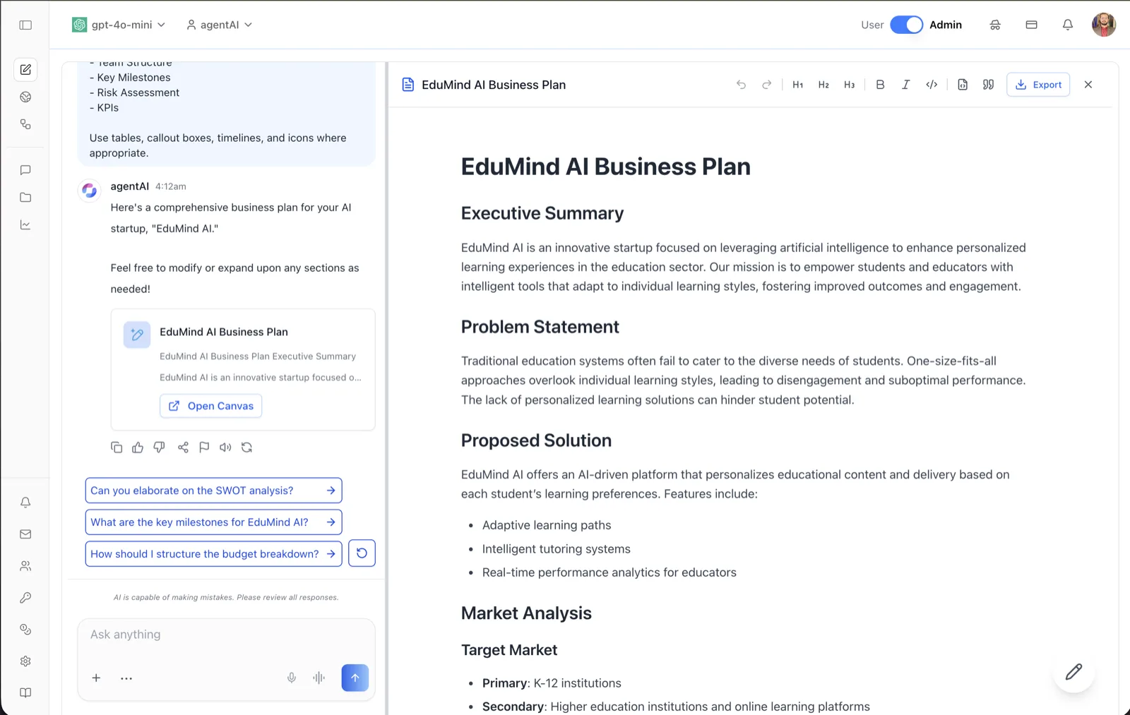Agentic OS screenshot showing an AI conversation and its workspace