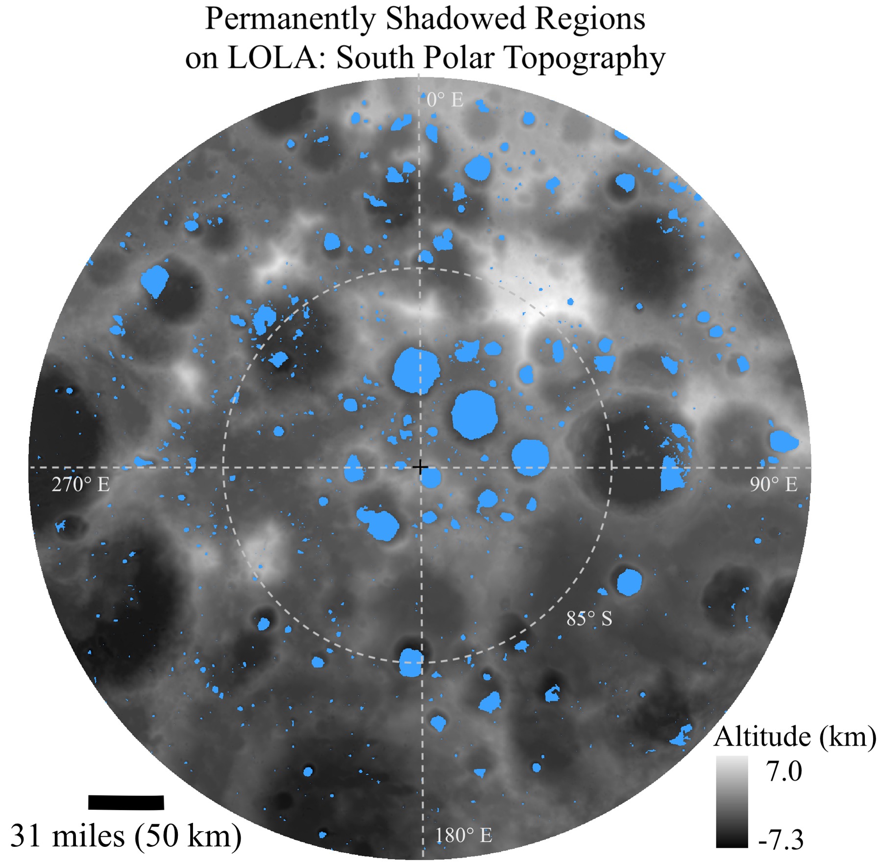 Map of the lunar south pole with permanently shadowed regions marked blue on grayscale elevation data