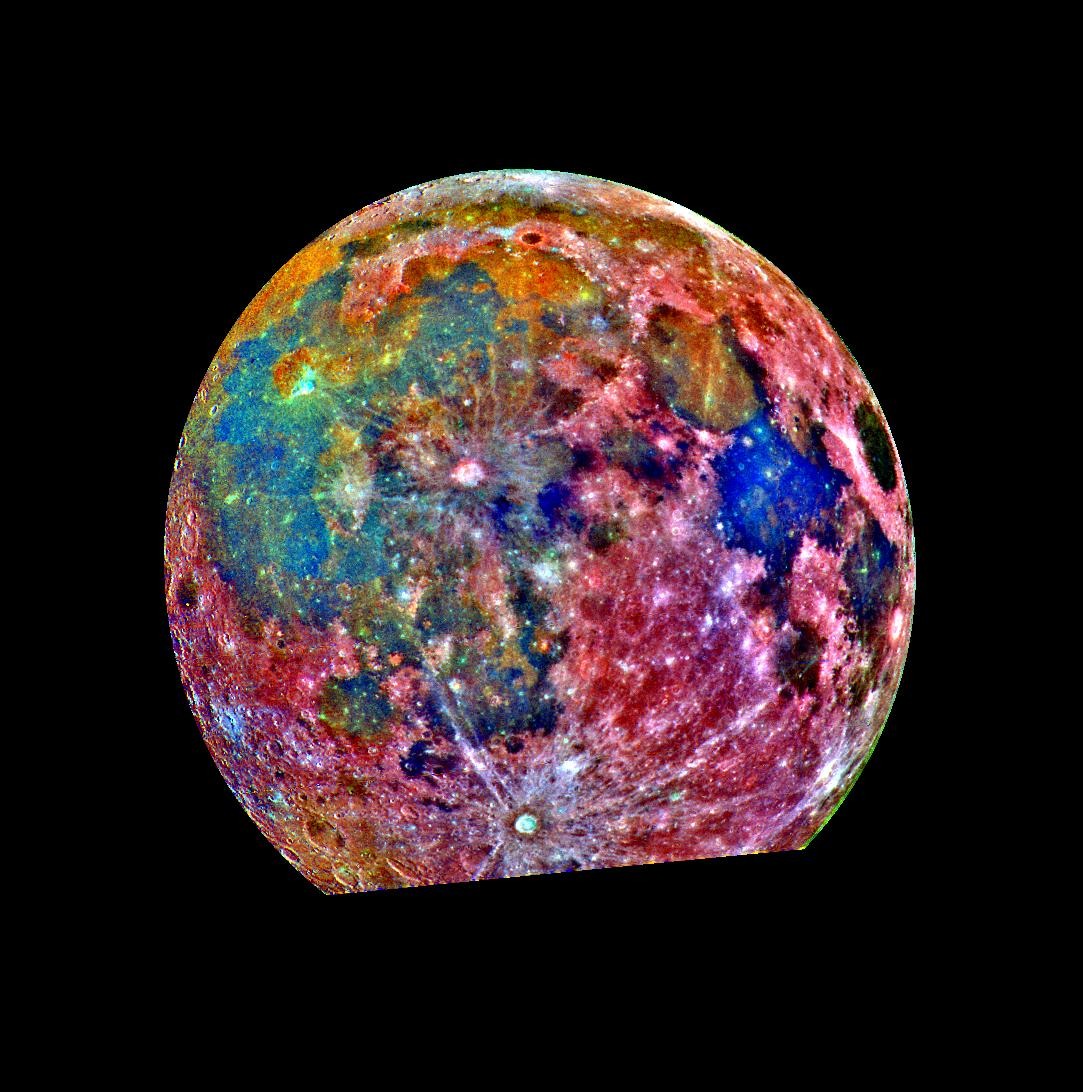 Galileo false-color Moon mosaic with blue and orange volcanic plains and red highlands