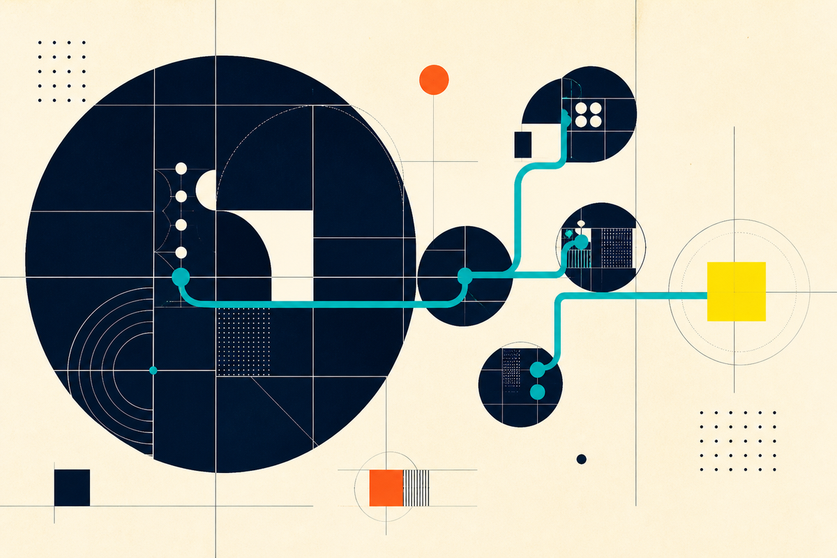 Abstract Swiss-style geometric system showing connected operating units flowing toward a bright focal point
