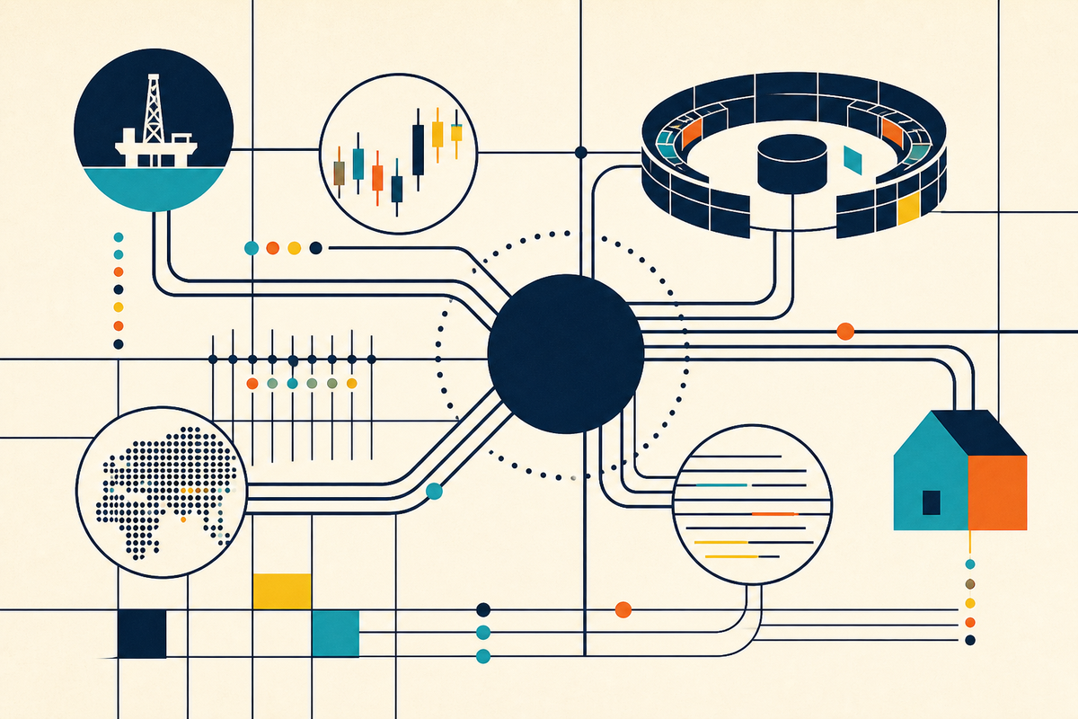 Abstract geometric network linking energy, trading, data and housing systems