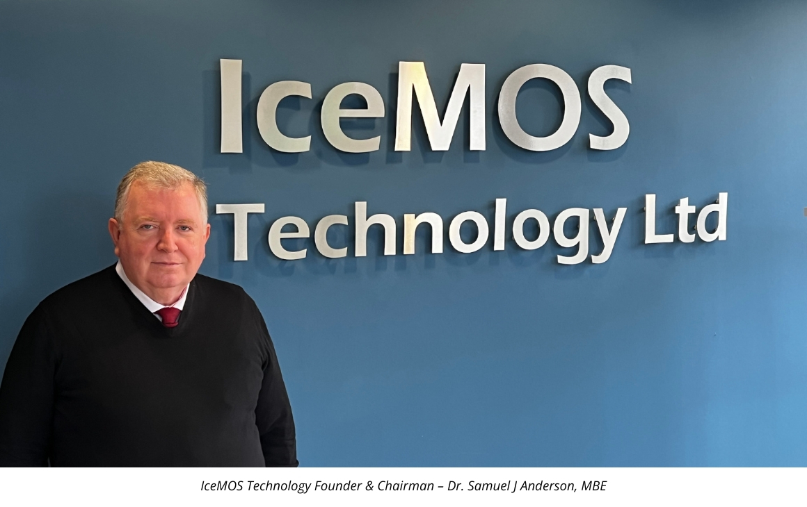 IceMOS founder Samuel J. Anderson standing beside the company name