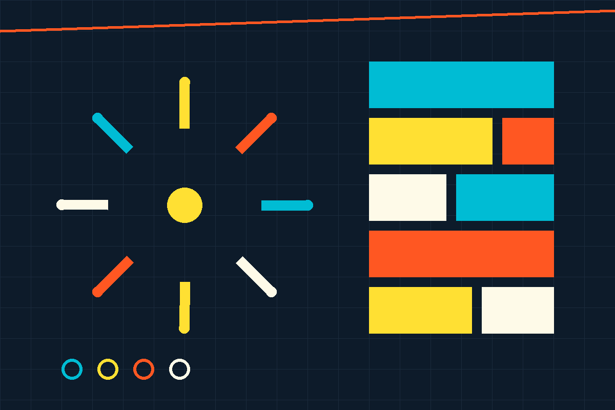 Swiss-style abstract graphic of a starburst and colored blocks