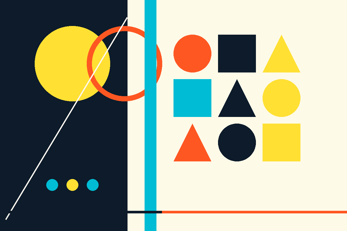 Swiss-style geometric graphic representing two overlapping brands and a grid of products