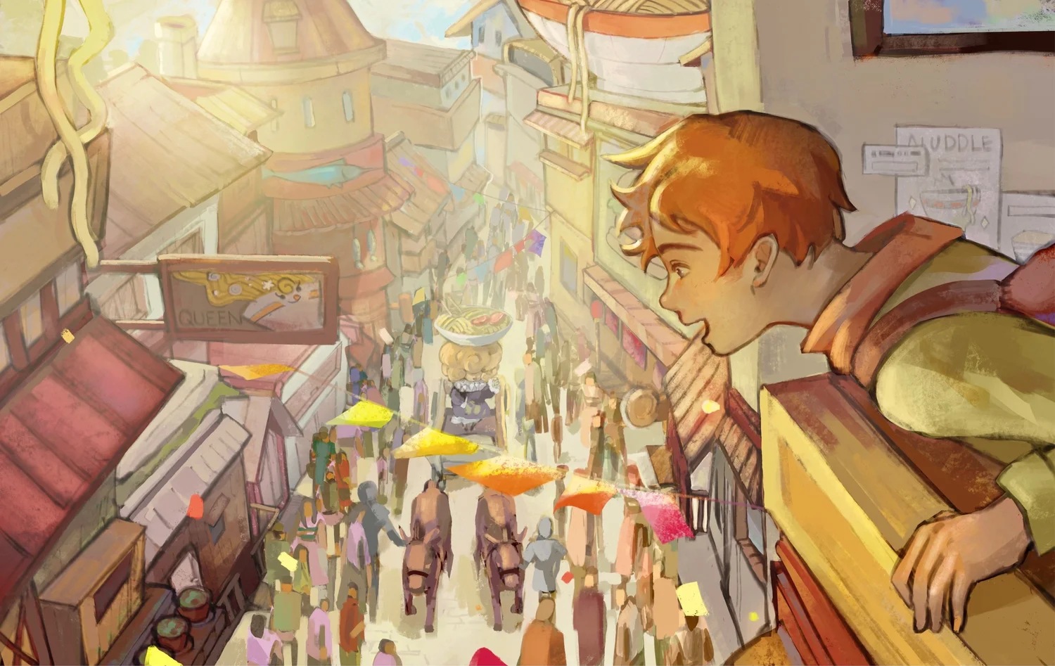 Colorful student illustration of a busy market street displayed by Icon Art Academy