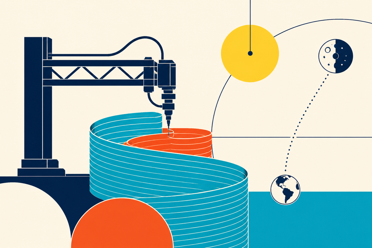 Abstract Swiss-style illustration of a robotic construction printer laying curved wall forms, with Earth and the Moon connected by a dotted path