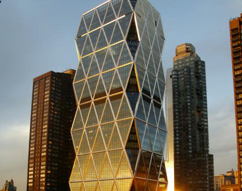 The diagonally braced glass facade of Hearst Tower in Manhattan
