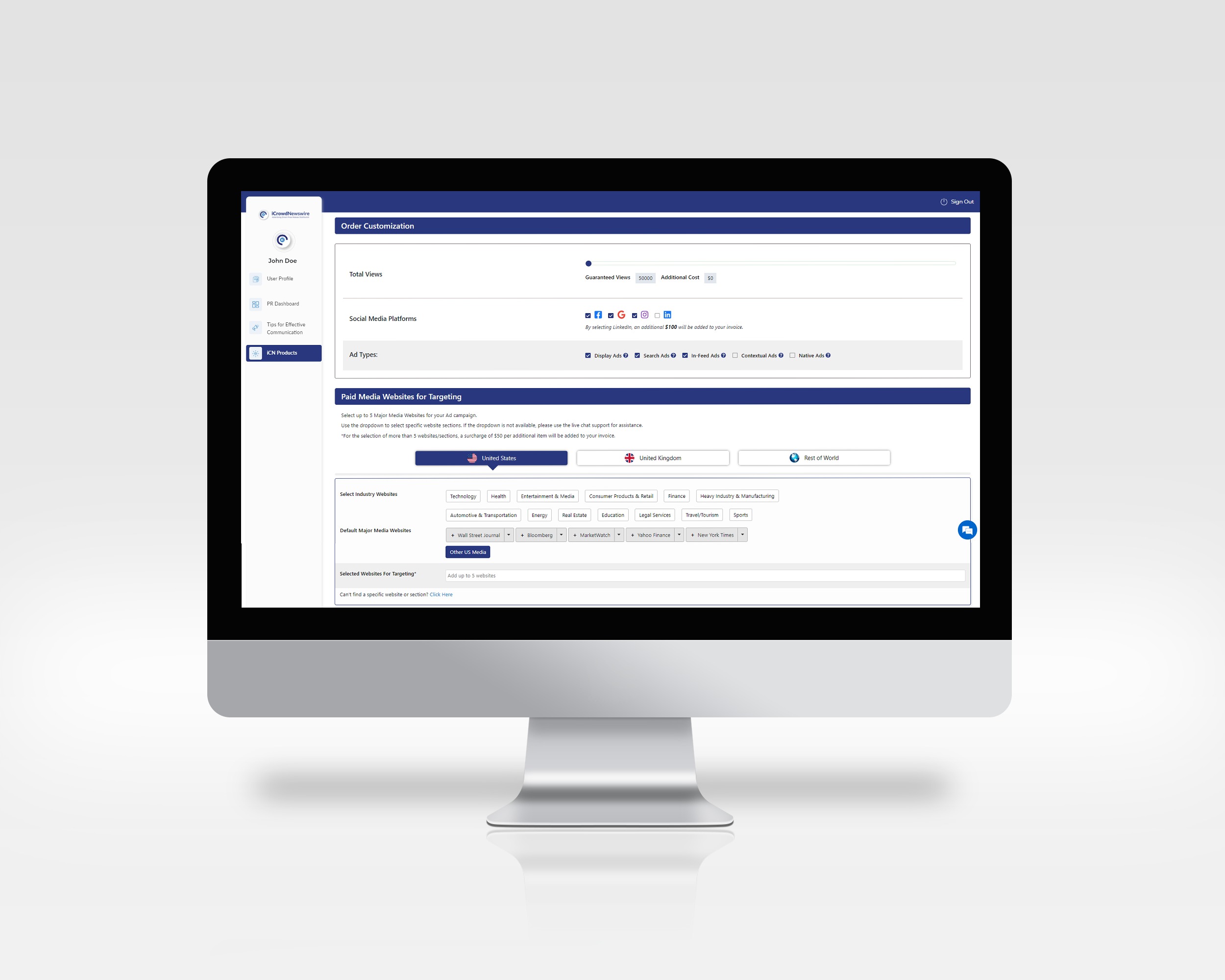 iCrowdNewswire campaign setup showing headline views, social platforms and media targeting options