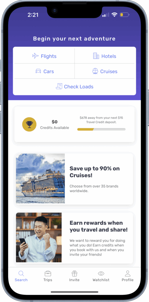 ID90 Travel app mockup with flight, hotel, car and cruise booking options