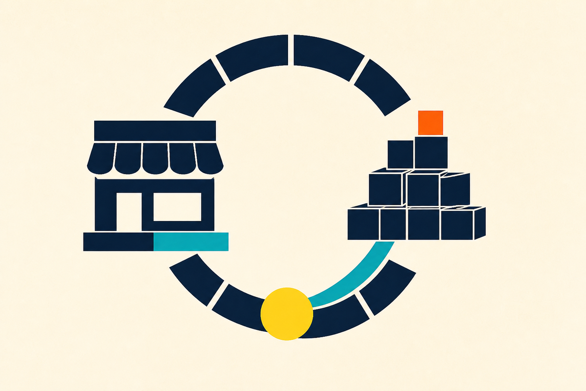 Geometric Swiss-style illustration of a revolving loop connecting a small storefront with stacked inventory boxes