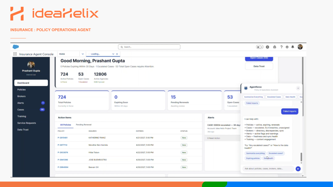 Demonstration of an ideaHelix insurance policy operations console with an Agentforce assistant