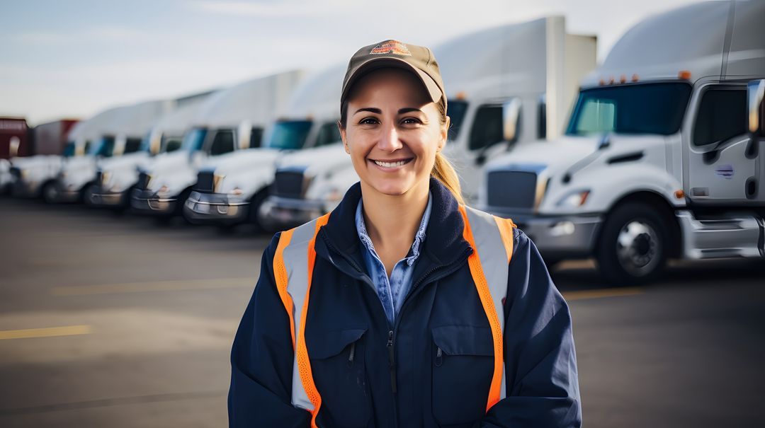 A fleet driver standing in front of a row of parked trucks