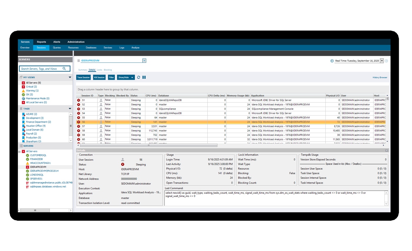 SQL Diagnostic Manager sessions console showing server navigation, session activity and details
