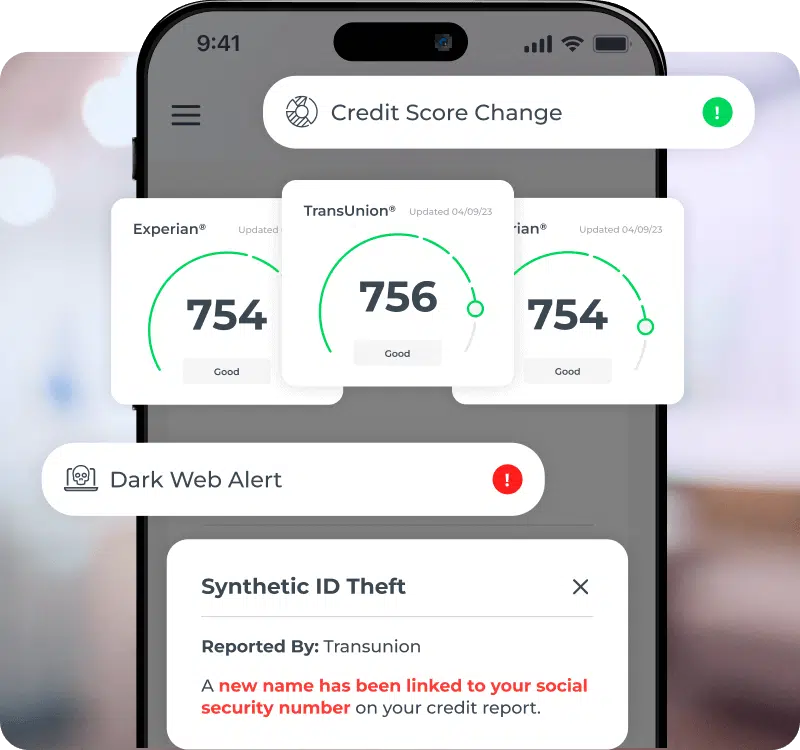IdentityIQ promotional app rendering with credit scores and identity alerts