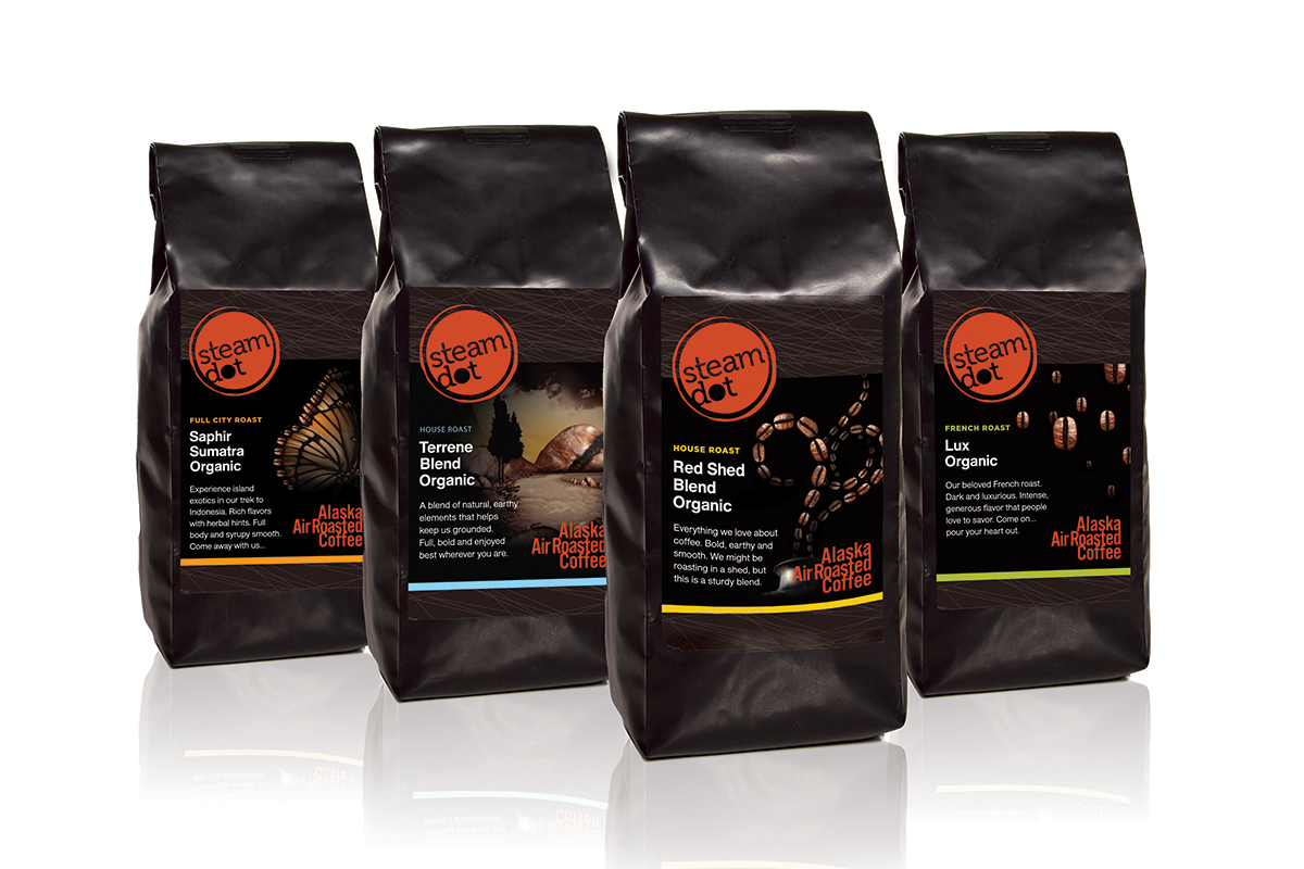 SteamDot coffee bags showing the packaging identity developed by IE