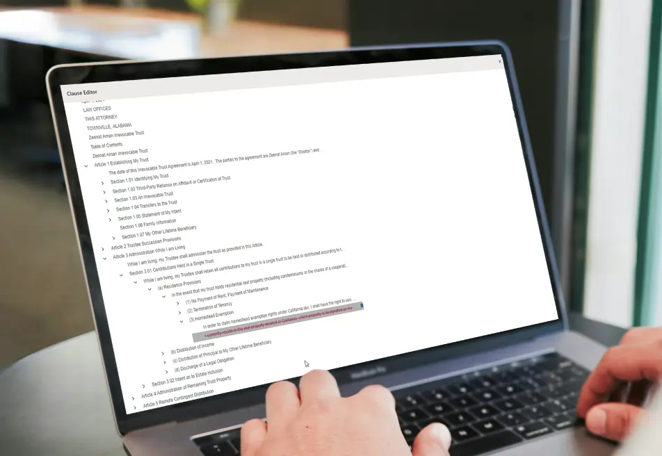 iFour’s published ElderDocx product mockup showing a legal clause editor on a laptop