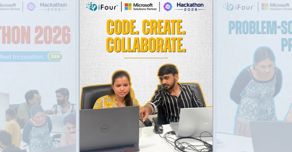 Company-published collage of iFour employees collaborating at the 2026 hackathon
