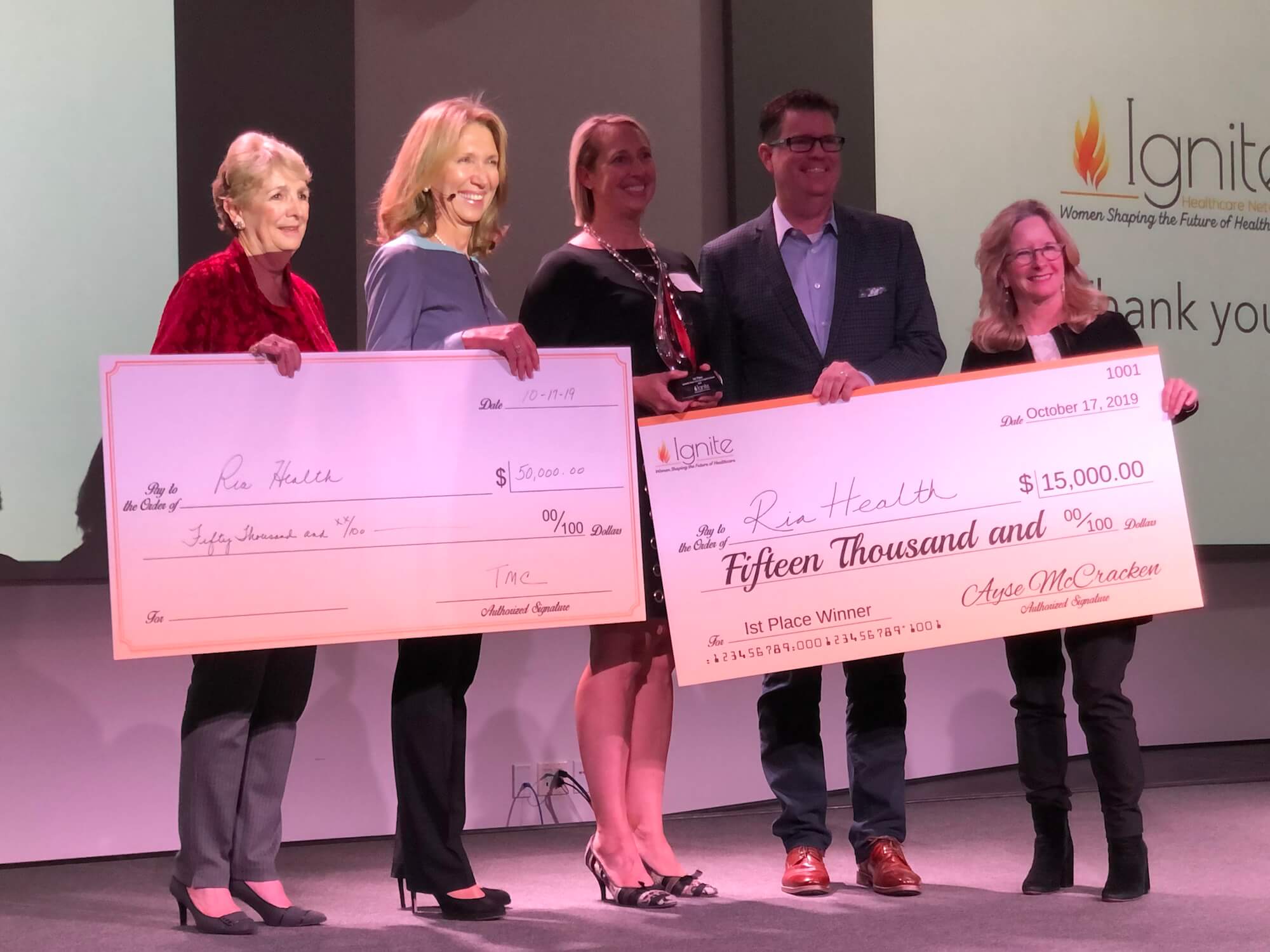 Cheryl Stavins, Ayse McCracken, Ria Health CFO Jen Douglas, Tom Luby and Patricia Gail Bray at the 2019 Fire Pitch competition