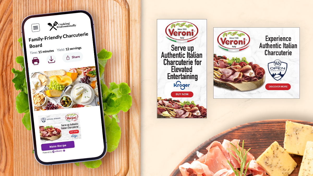 Veroni campaign mockups showing a mobile recipe, digital retail ads and charcuterie imagery