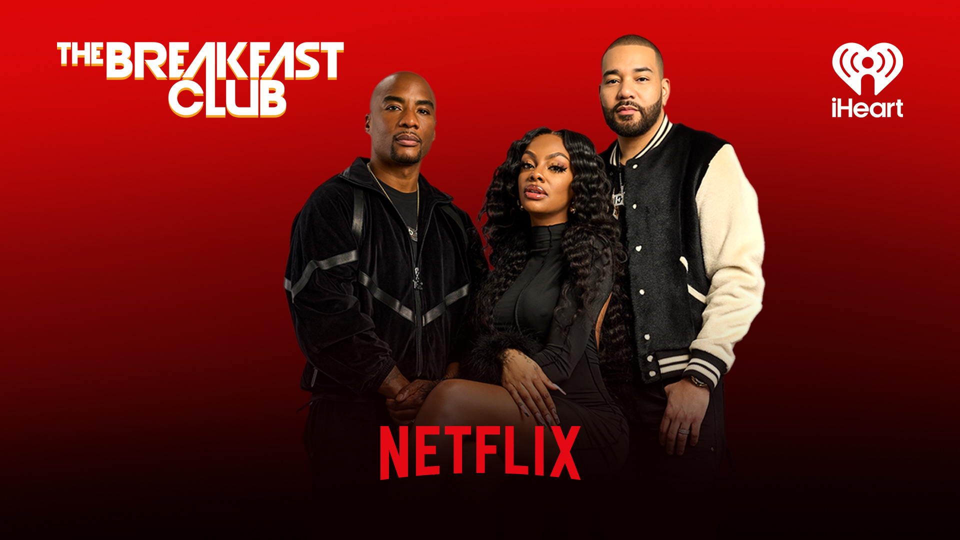 The Breakfast Club hosts Charlamagne tha God, Jess Hilarious and DJ Envy in official artwork announcing their Netflix live stream.