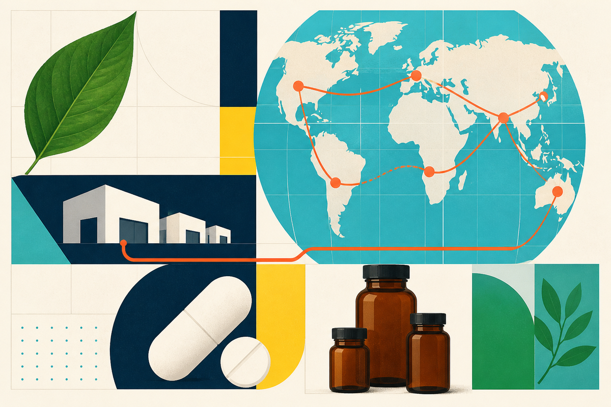 Abstract Swiss-style composition of a leaf, supplement forms, warehouses and routes across a world map