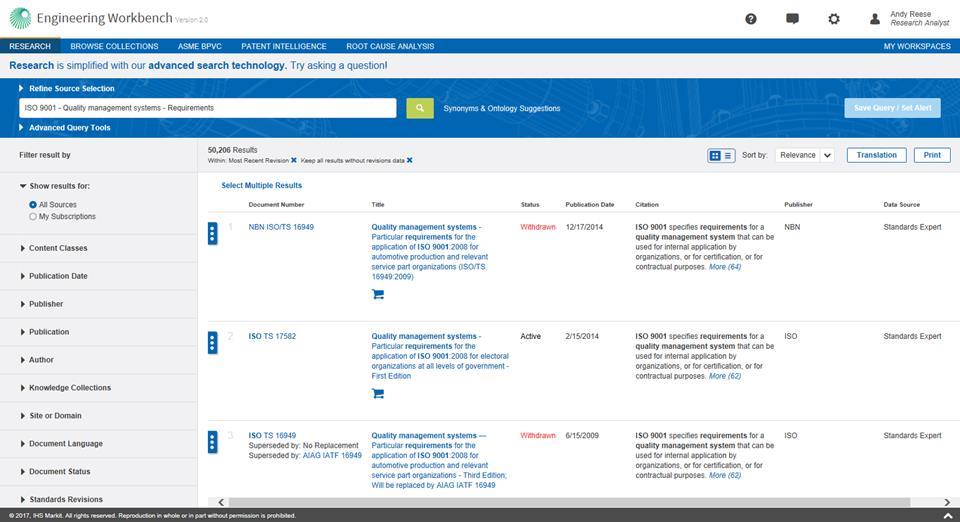 Historical Engineering Workbench search results showing standards documents and filtering controls