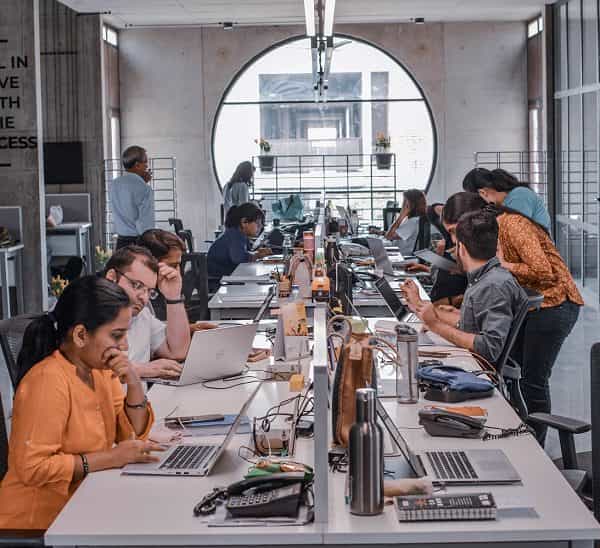 People working at laptops around shared desks in an IIMA Ventures workspace