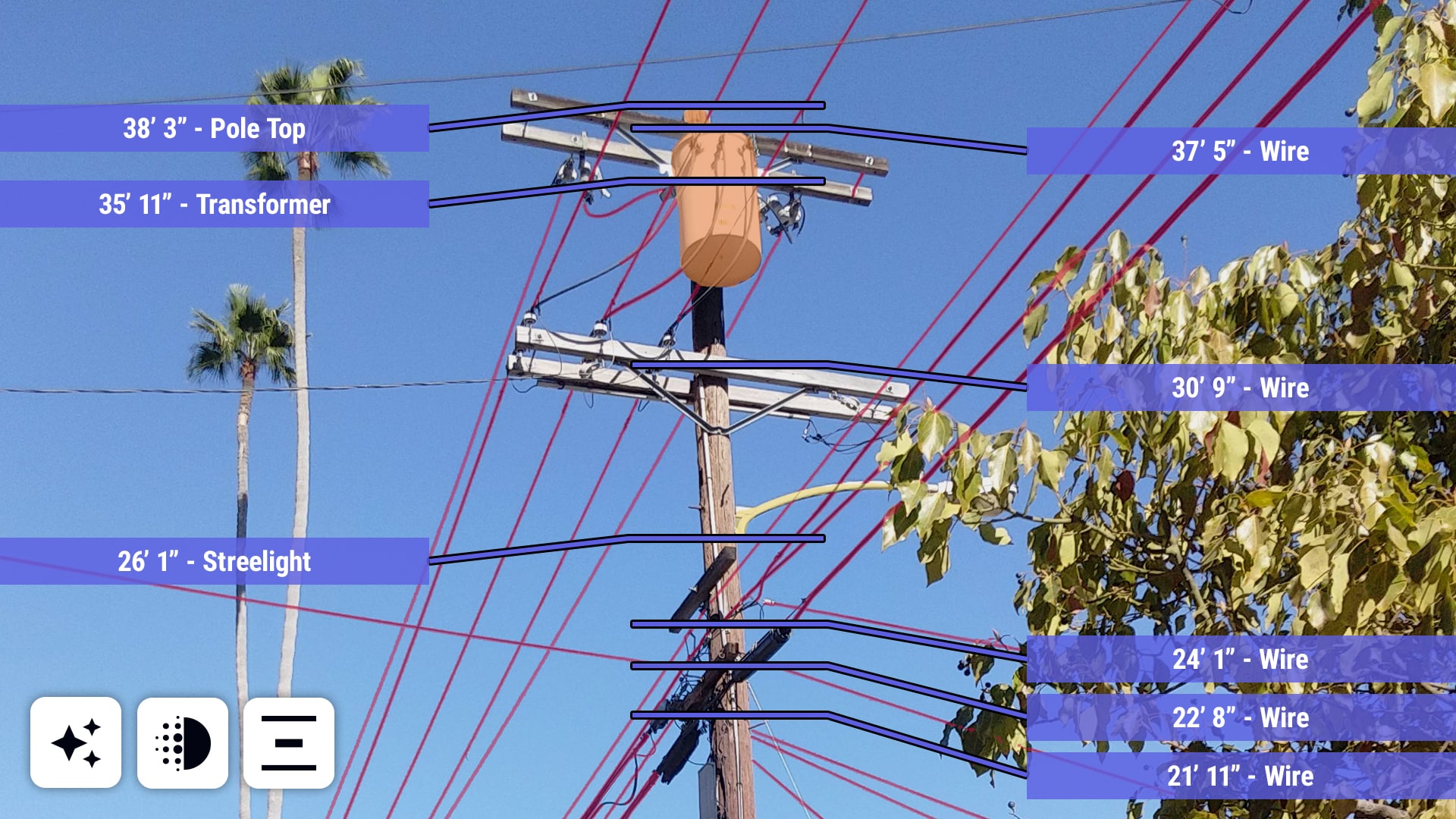 A utility pole image marked with PolePilot equipment masks and height annotations