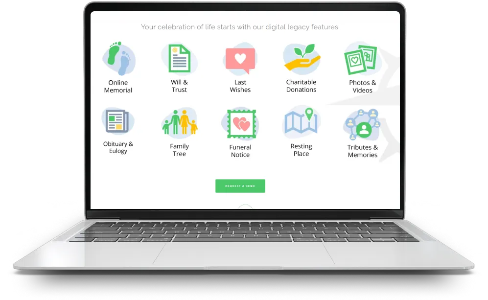 IKONIC’s cemetery platform mockup showing digital legacy features including memorials, family trees and resting places