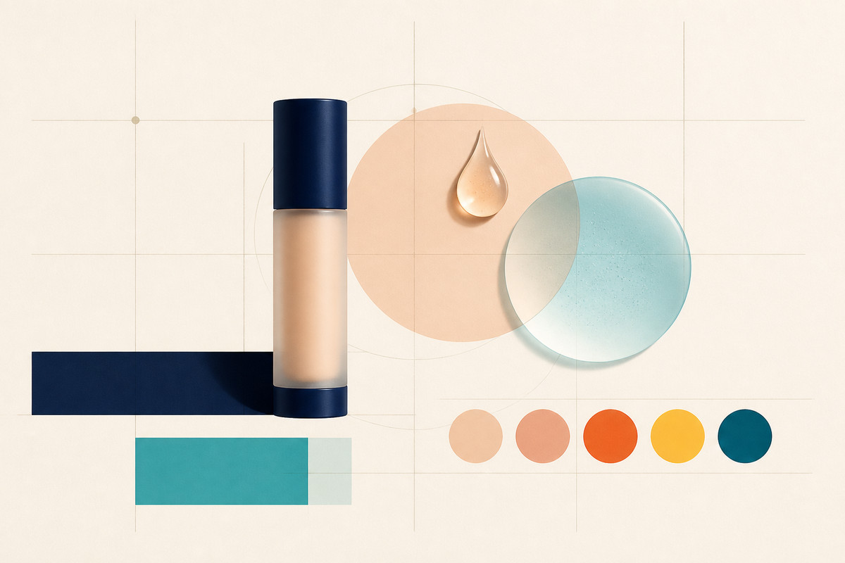 Abstract Swiss-style arrangement of a cosmetic bottle, serum drop and overlapping skincare forms