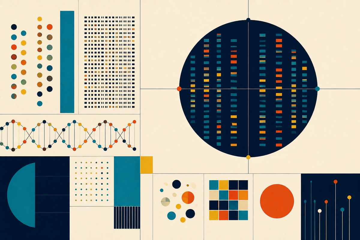 Abstract Swiss-style composition of genomic signals, flow-cell grids and multiomic data