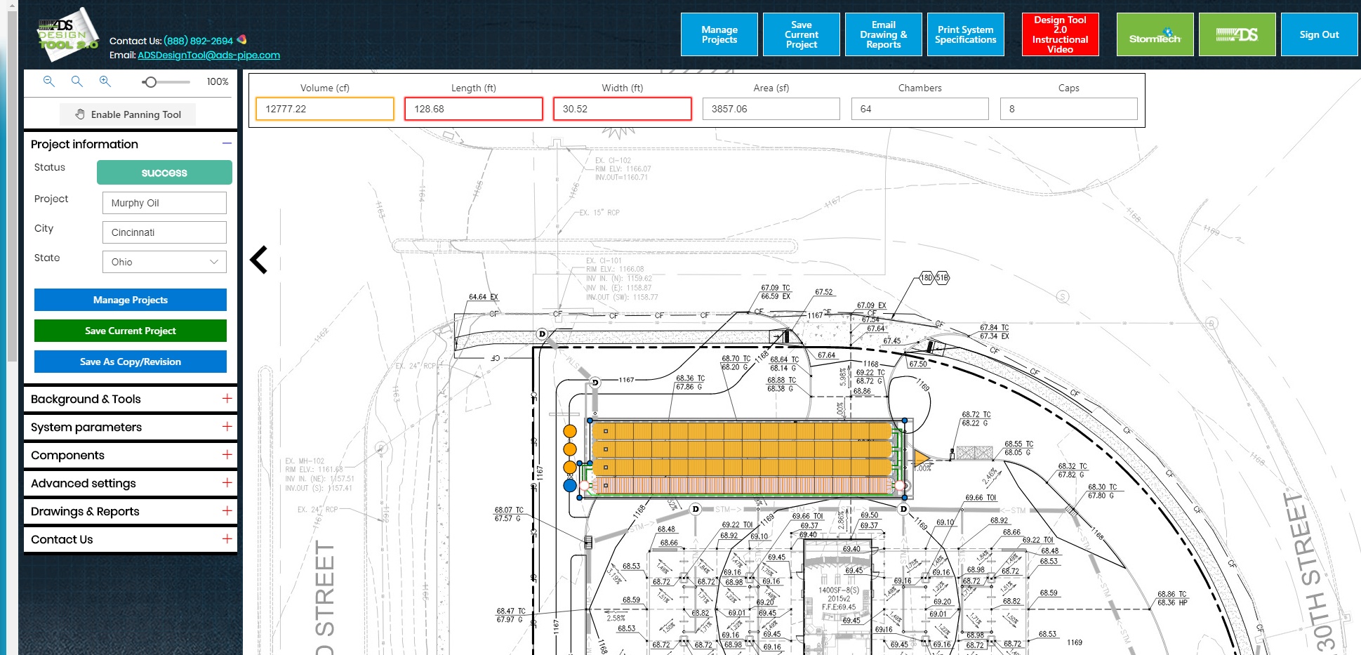 ADS online design tool showing a stormwater chamber layout over a site drawing