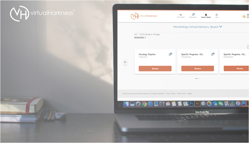 A laptop displaying the virtualHarkness healthcare professional engagement platform