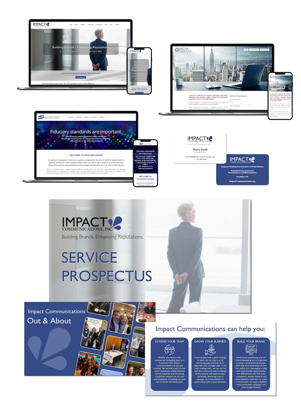 A montage of websites, collateral, business cards and a service prospectus created by Impact Communications