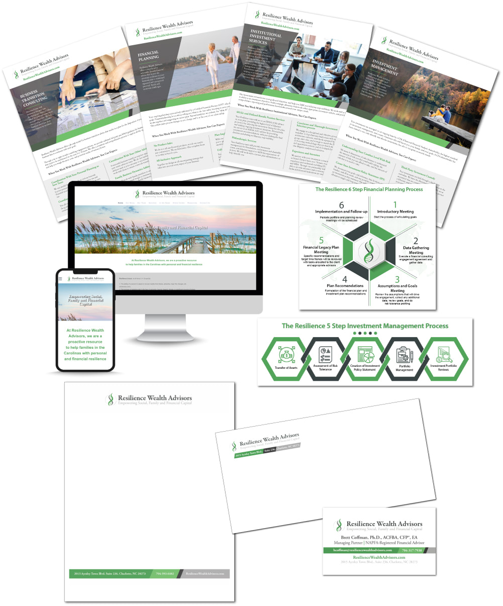 The coordinated Resilience Wealth Advisors brand system including website, stationery and process diagrams