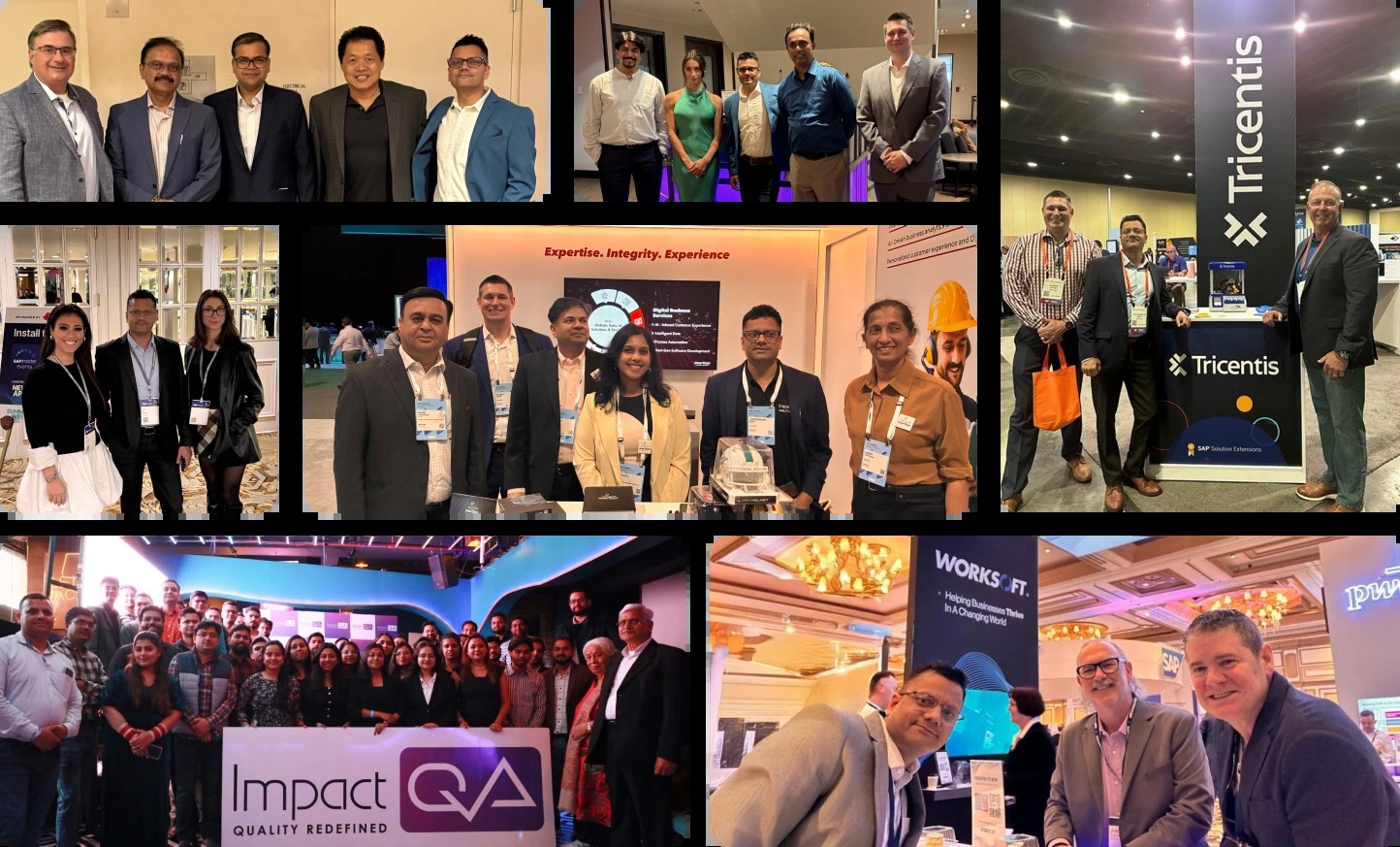 ImpactQA company collage showing its team, conference meetings and a Tricentis exhibition stand