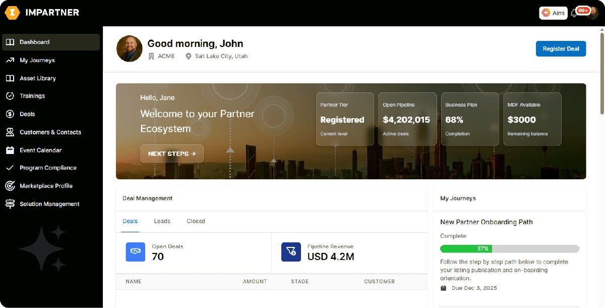 Impartner product interface showing the partner dashboard and Aimi assistant