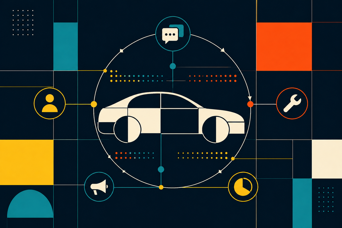 Abstract Swiss-style diagram of a connected car customer lifecycle