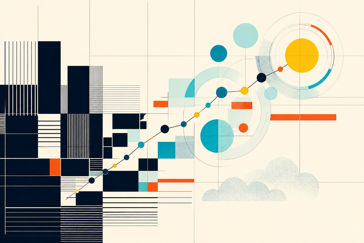 Abstract Swiss-style composition moving from dense navy blocks to colorful circular systems