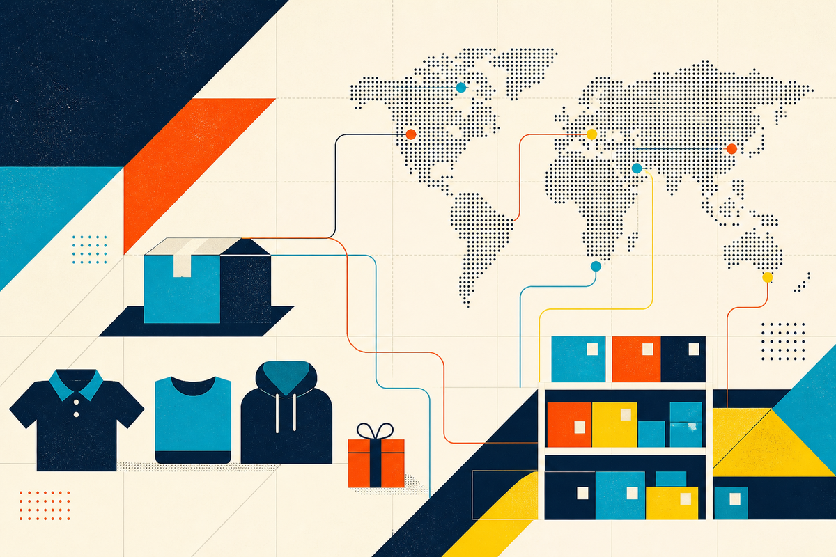 Abstract Swiss-style illustration of apparel, parcels, inventory shelves and routes across a world map