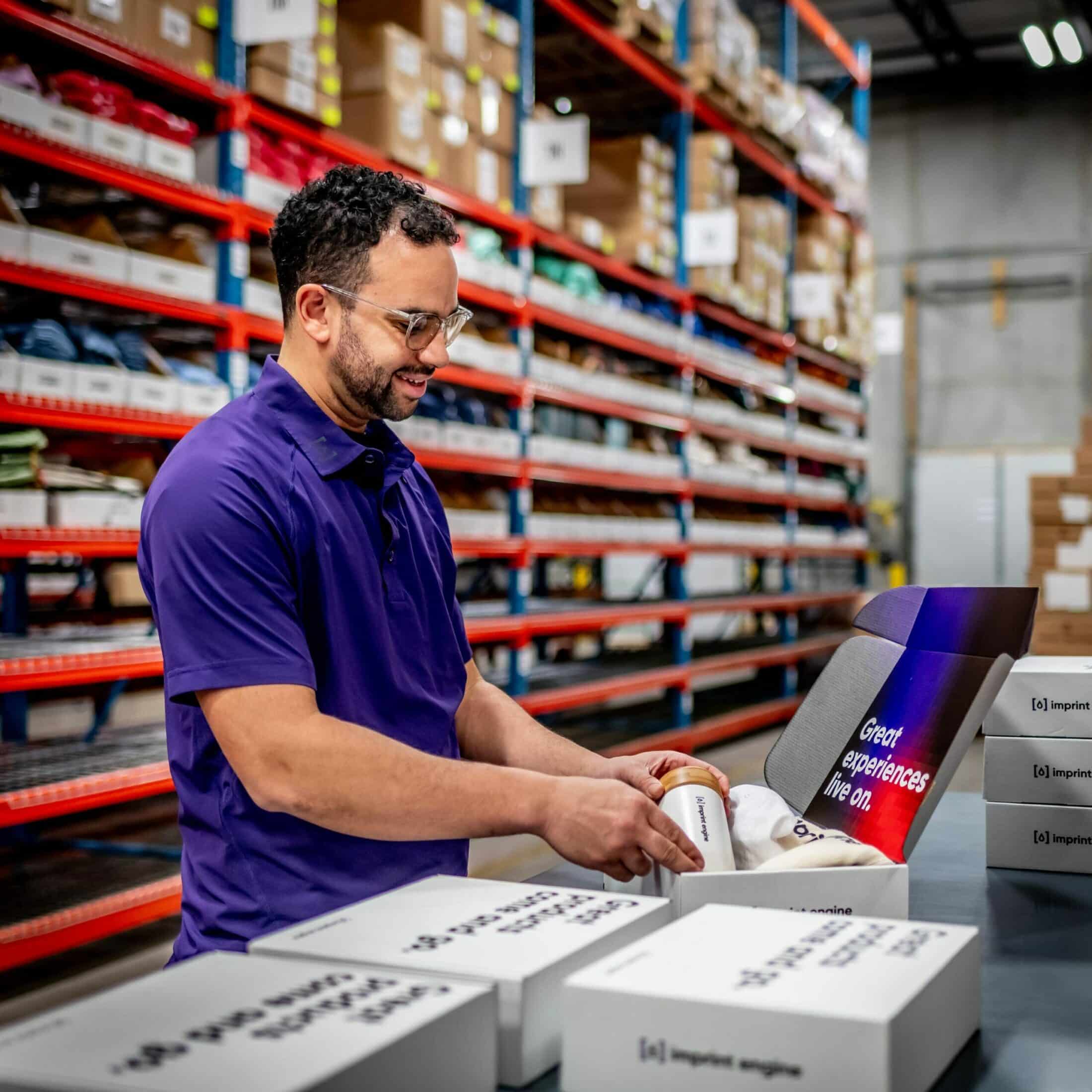 An Imprint Engine team member packs branded gifts in a warehouse