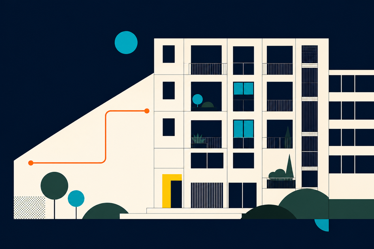 Abstract Swiss-style illustration of a modular apartment building with balconies, trees and a bright yellow doorway